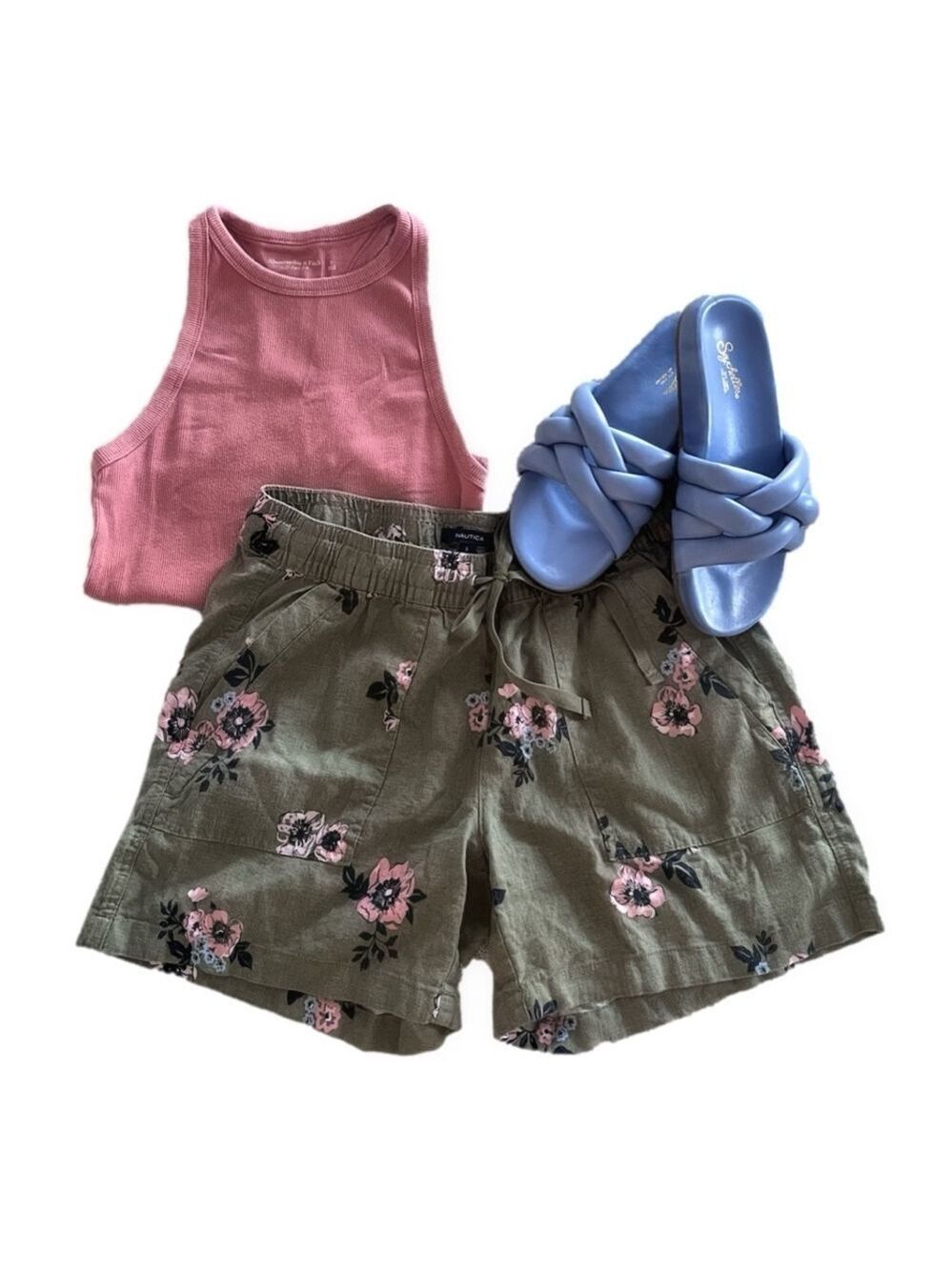 Nwt Nautica Linen Drawstring Shorts in Olive Green and Pink Floral Women’s Small